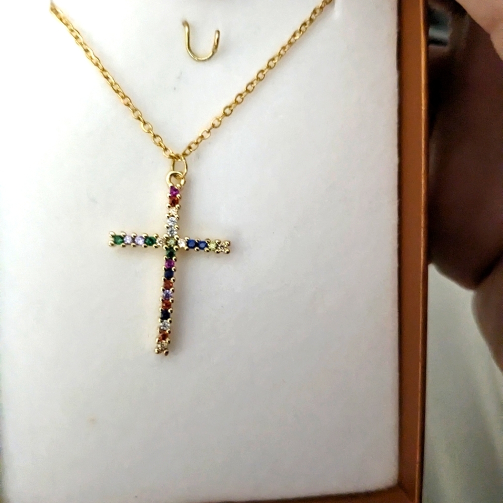 COPY - 10k gold cross with multicolor gemstone